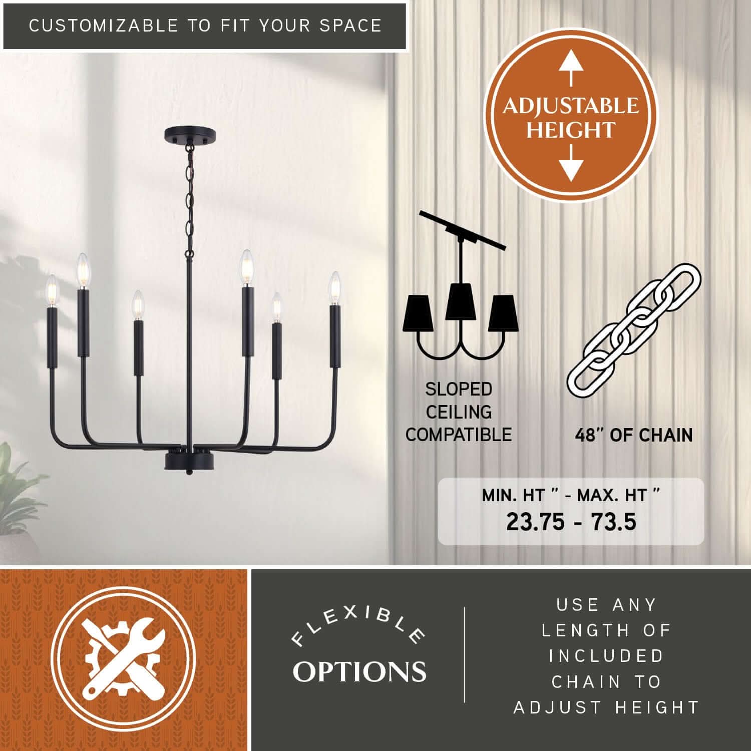 Belden 26-inch 6 Light chandelier with 23.75-73.5 inches adjustable height shown alongside sloped-ceiling compatibility and 48-inch chain options, highlighting customizable hanging flexibility.