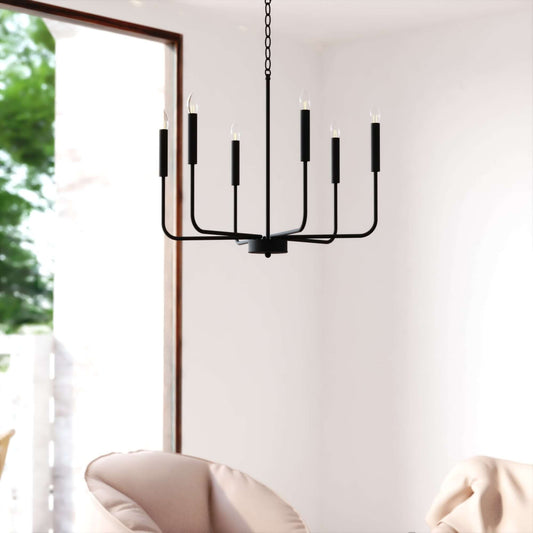 Belden 26-inch 6 Light chandelier displayed in a modern room setting, featuring sleek upward black arms with minimalist candle-style bulbs.