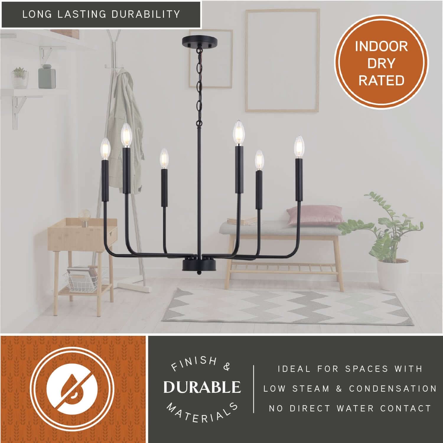 Belden 26-inch 6 Light chandelier displayed in a bright indoor room, highlighting its indoor dry-rated durability and long-lasting black metal construction ideal for low-steam areas.