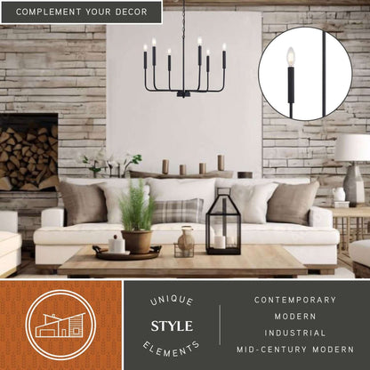 Belden 26-inch 6 Light chandelier with contemporary, modern, industrial, and mid-century modern decor elements displayed in a living room setting, highlighting its unique style design.
