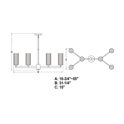 Claremont 31.25-inch 6 Light chandelier technical line drawing showing dimensions: A = adjustable height (10-3/4 to 55 inches), B = chandelier width (31-1/4 inches), and C = canopy size (15 inches).