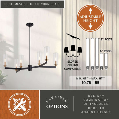 Claremont 31.25-inch 6 Light chandelier with adjustable height rods, shown with customization options including sloped ceiling compatibility and flexible rod combinations.