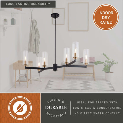 Claremont 31.25-inch 6 Light chandelier showcased in a bright room setting, highlighting its indoor dry rating, durable finish, and clear ribbed glass shades with brass accents.