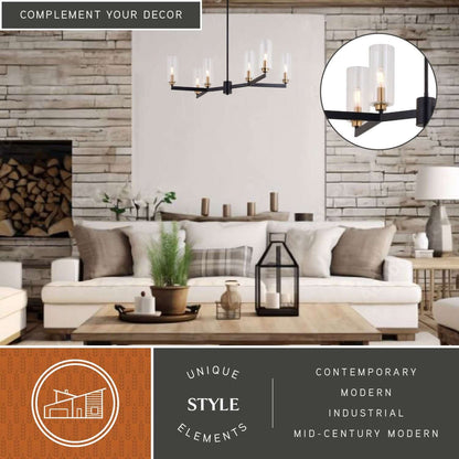 Claremont 31.25-inch 6 Light chandelier styled in a contemporary living room with stone wall backdrop, with contemporary, modern, industrial, and mid-century modern decor elements, highlighting its unique style design.