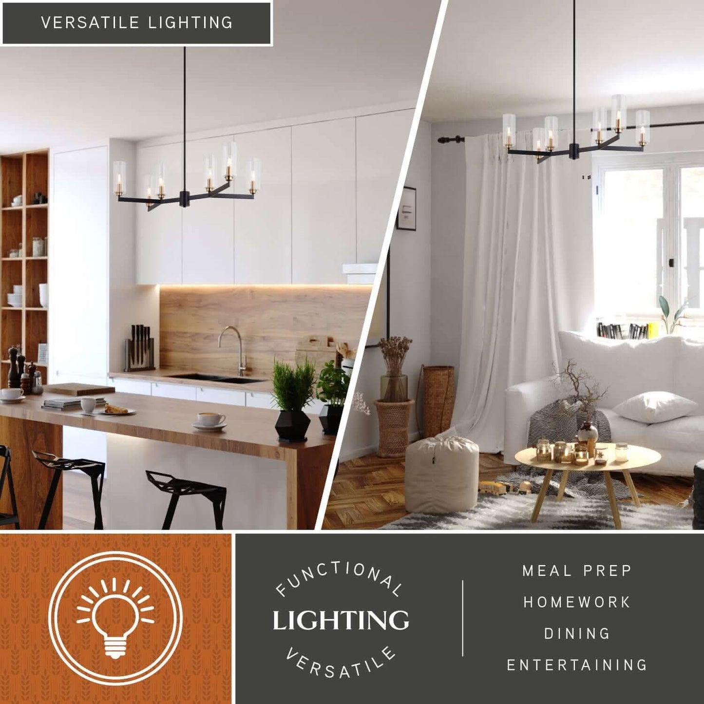 Claremont 31.25-inch 6 Light chandelier shown in two room settings—a modern kitchen and a cozy living space, showcasing versatile and functional lighting ideal for meal prep, homework, dining, and entertaining spaces.