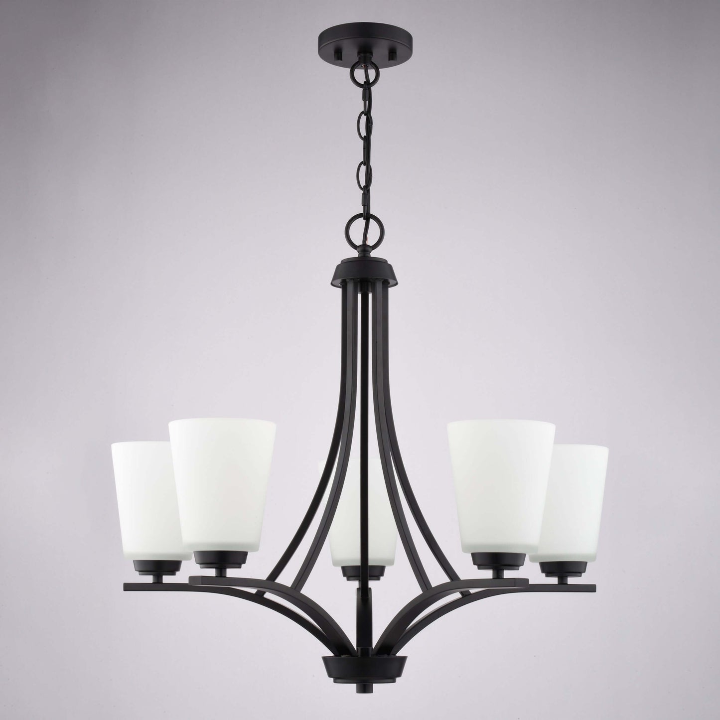Front view of River Grove 24.75-inch wide 5-light chandelier in matte black finish with frosted glass shades shown against a neutral background.
