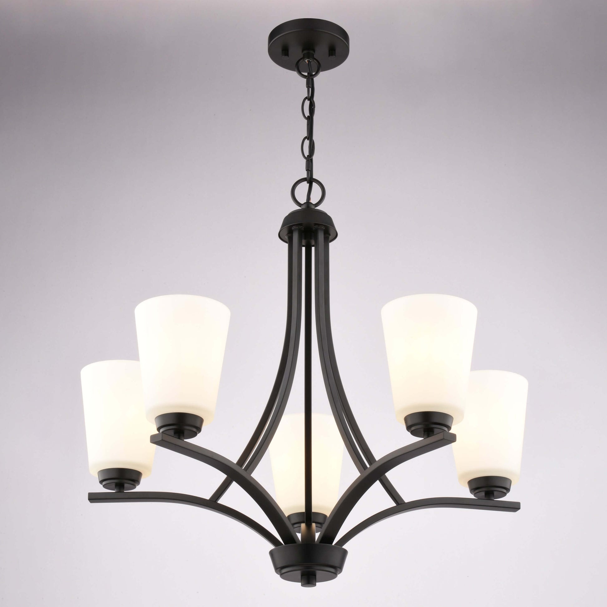 Low-angle view of River Grove 24.75-inch wide 5-light chandelier in matte black finish with frosted glass shades, shown against a neutral background.