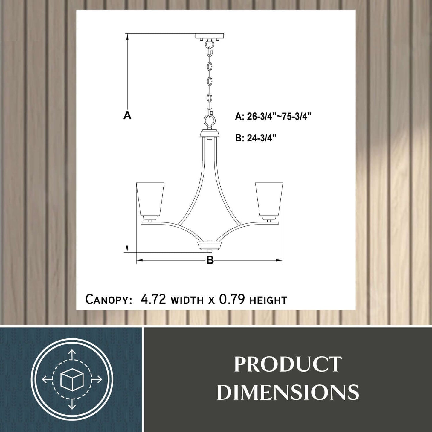 Technical diagram of the River Grove 24.75-inch wide 5-light chandelier showing adjustable height A: 26.75–75.75 inches, width B: 24.75 inches, and canopy size: 4.72 inches x 0.79 inches.