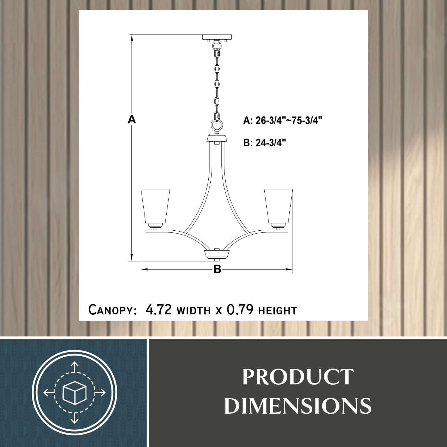 Technical diagram of the River Grove 24.75-inch wide 5-light chandelier showing adjustable height A: 26.75–75.75 inches, width B: 24.75 inches, and canopy size: 4.72 inches x 0.79 inches.