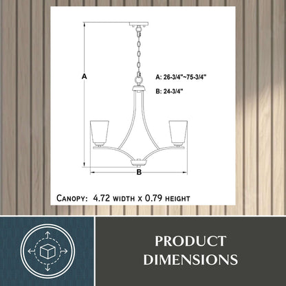 Technical diagram of the River Grove 24.75-inch wide 5-light chandelier showing adjustable height A: 26.75–75.75 inches, width B: 24.75 inches, and canopy size: 4.72 inches x 0.79 inches.