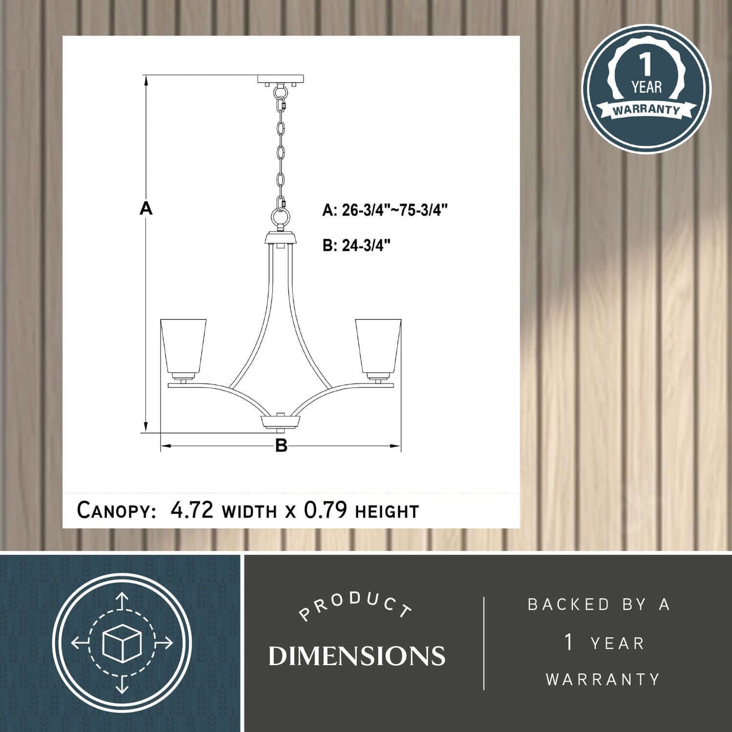 Technical diagram of the River Grove 24.75-inch wide 5-light chandelier showing adjustable height A: 26.75–75.75 inches, width B: 24.75 inches, and canopy size: 4.72 inches x 0.79 inches, backed by a one-year warranty.