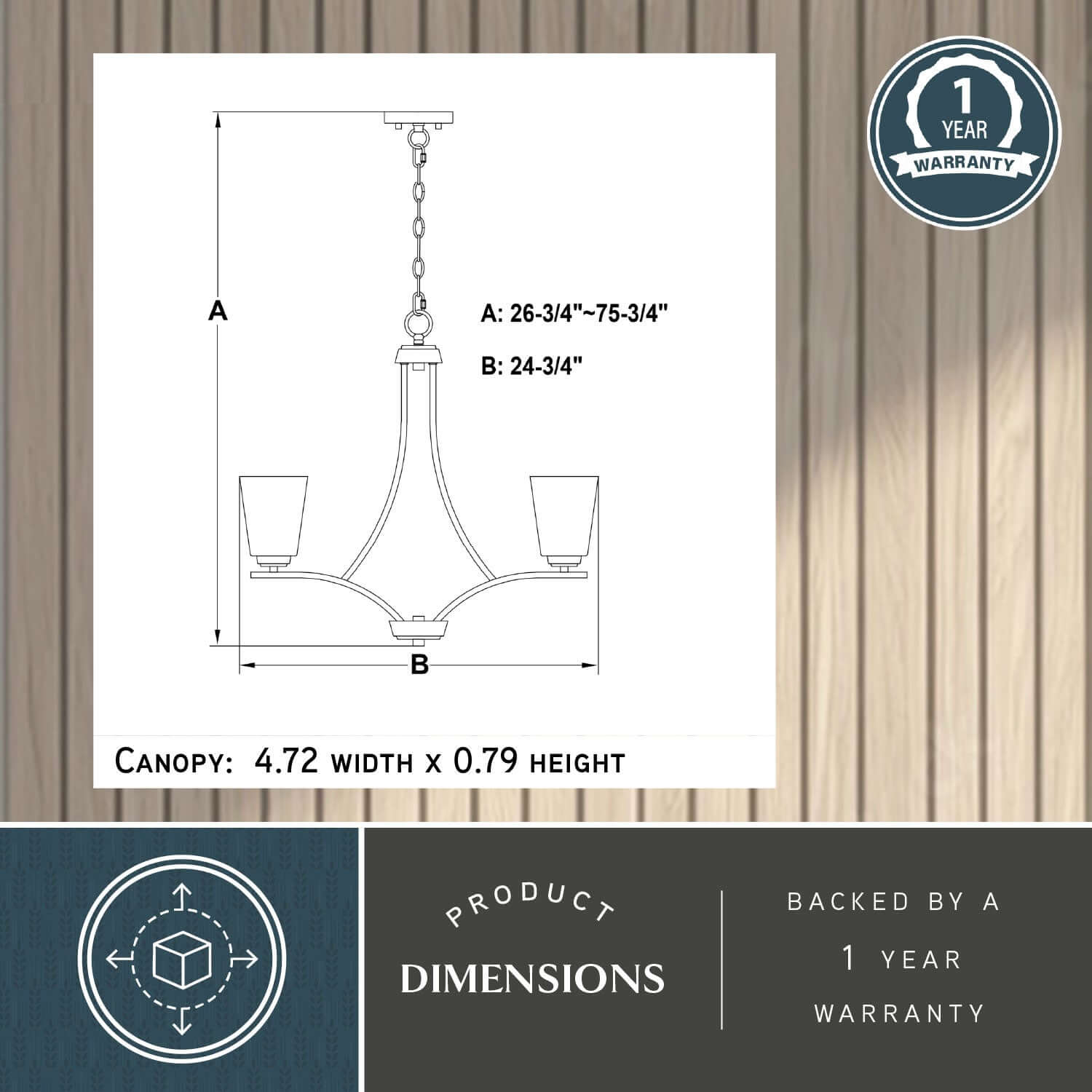 Technical diagram of the River Grove 24.75-inch wide 5-light chandelier showing adjustable height A: 26.75–75.75 inches, width B: 24.75 inches, and canopy size: 4.72 inches x 0.79 inches, backed by a one-year warranty.