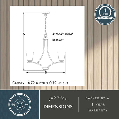 Technical diagram of the River Grove 24.75-inch wide 5-light chandelier showing adjustable height A: 26.75–75.75 inches, width B: 24.75 inches, and canopy size: 4.72 inches x 0.79 inches, backed by a one-year warranty.