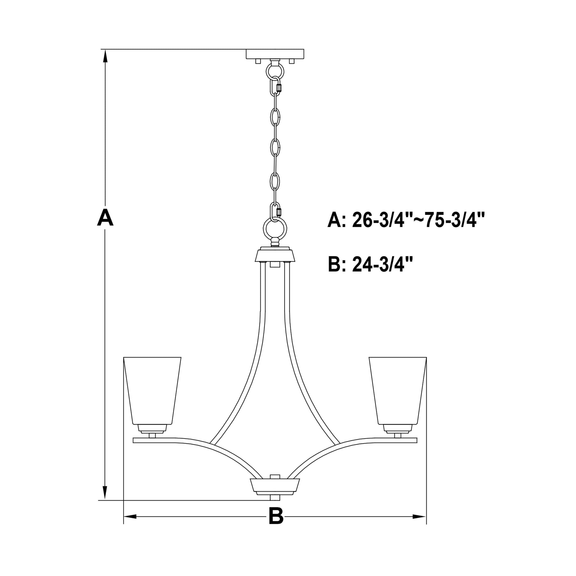 Technical diagram of the River Grove 24.75-inch wide 5-light chandelier showing adjustable height A: 26.75–75.75 inches and width B: 24.75 inches.