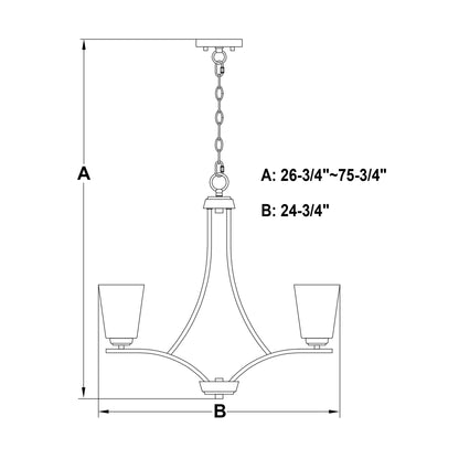 Technical diagram of the River Grove 24.75-inch wide 5-light chandelier showing adjustable height A: 26.75–75.75 inches and width B: 24.75 inches.
