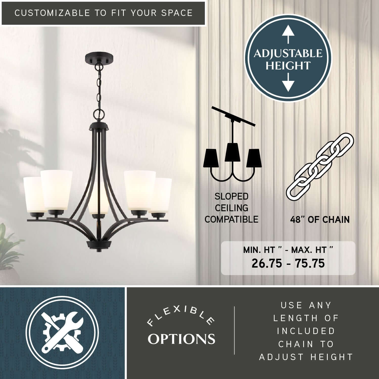 River Grove 24.75-inch wide 5-light chandelier shown with adjustable hanging height from 26.75 to 75.75 inches, sloped ceiling compatibility and 48 inches of included chain for flexible installation.