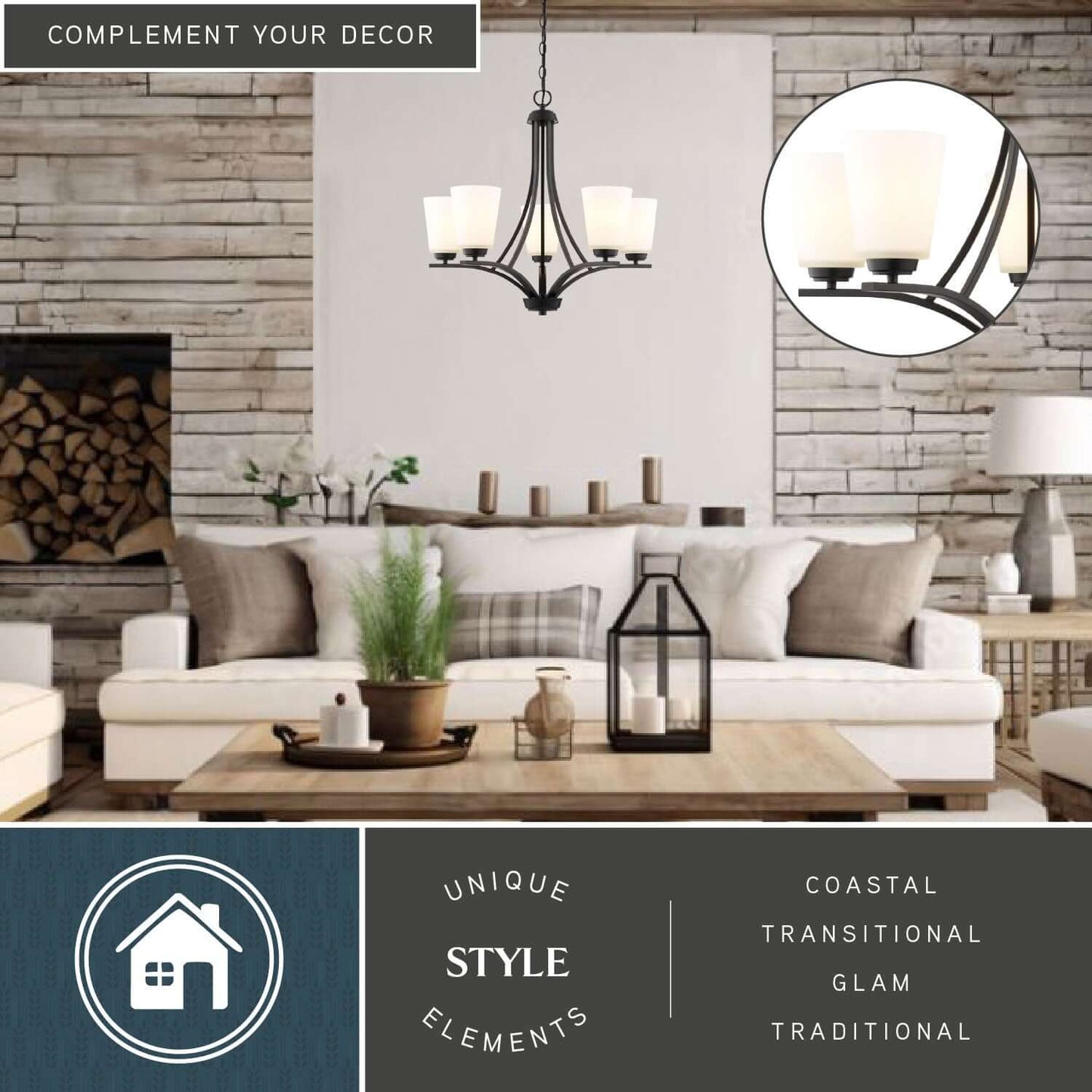 River Grove 24.75-inch wide 5-light chandelier installed in a cozy living room, highlighting its coastal, transitional, glam, and traditional style elements.
