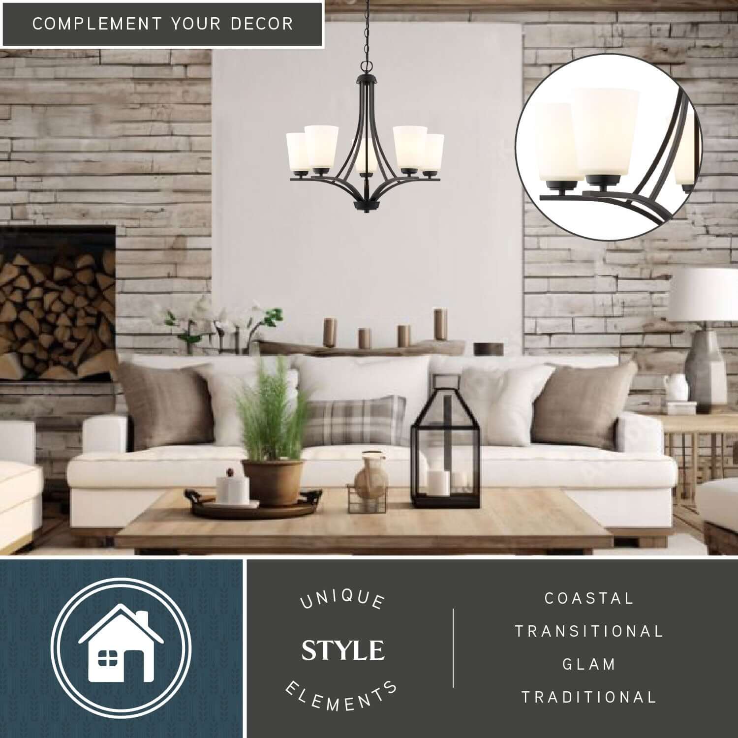 River Grove 24.75-inch wide 5-light chandelier installed in a cozy living room, highlighting its coastal, transitional, glam, and traditional style elements.