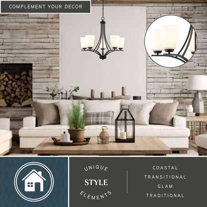 River Grove 24.75-inch wide 5-light chandelier installed in a cozy living room, highlighting its coastal, transitional, glam, and traditional style elements.