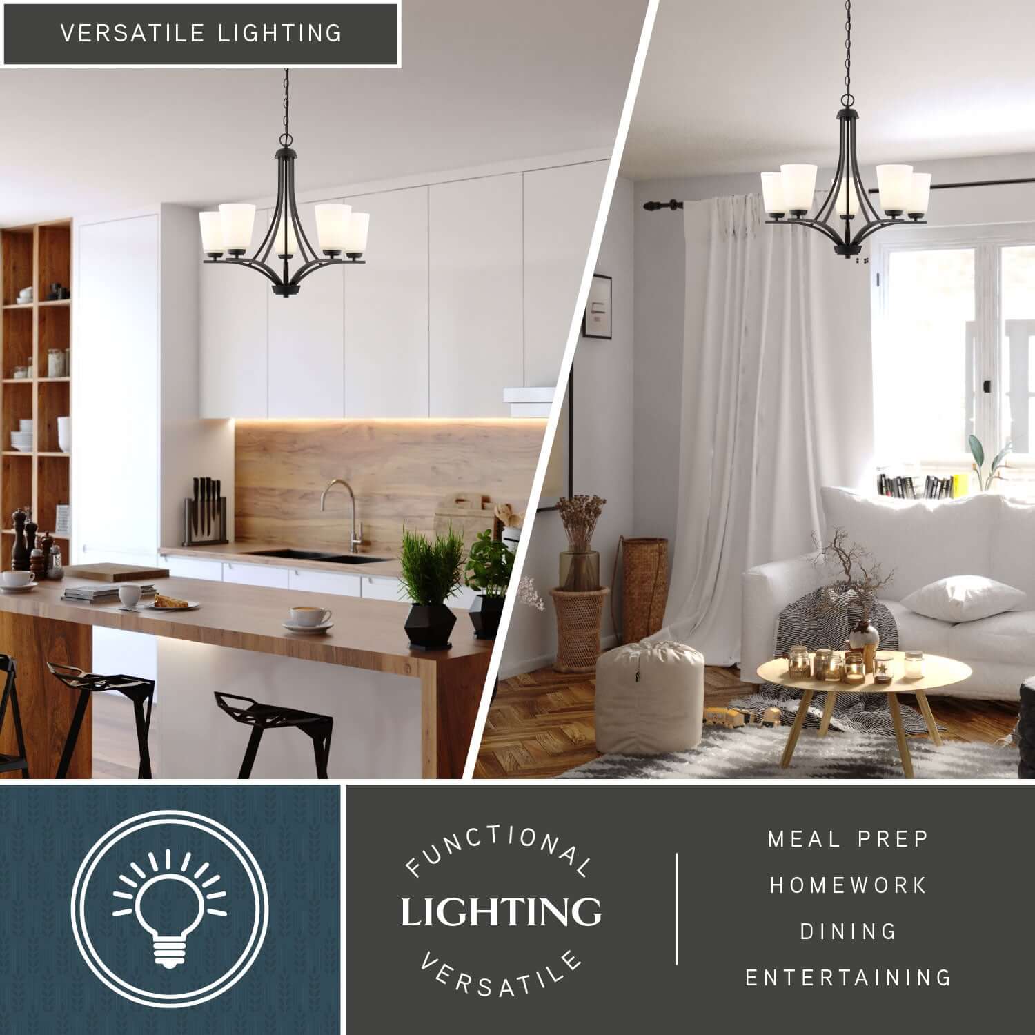 Versatile lighting display of River Grove 24.75-inch wide 5-light chandelier installed in kitchen and living room setting for meal prep, homework, dining and entertaining.