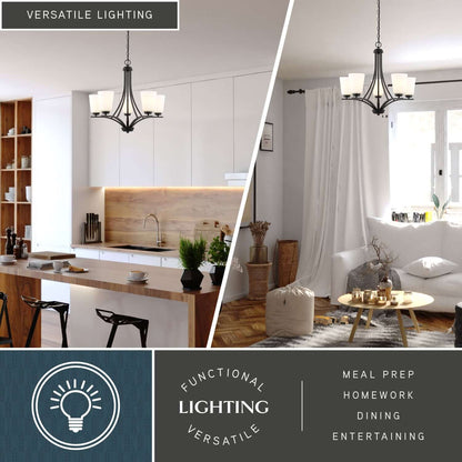 Versatile lighting display of River Grove 24.75-inch wide 5-light chandelier installed in kitchen and living room setting for meal prep, homework, dining and entertaining.