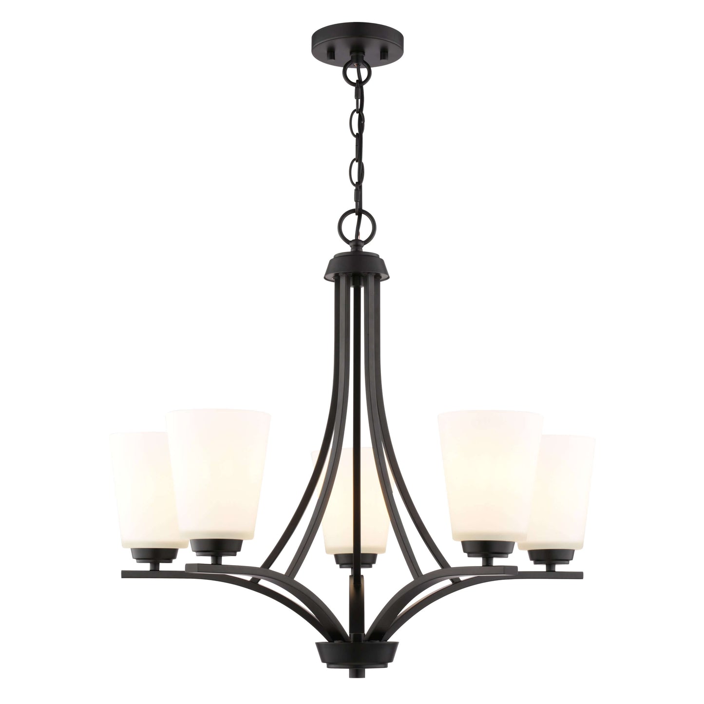 Front view of River Grove 24.75-inch wide 5-light chandelier in matte black finish with frosted glass shades, shown against a white background.
