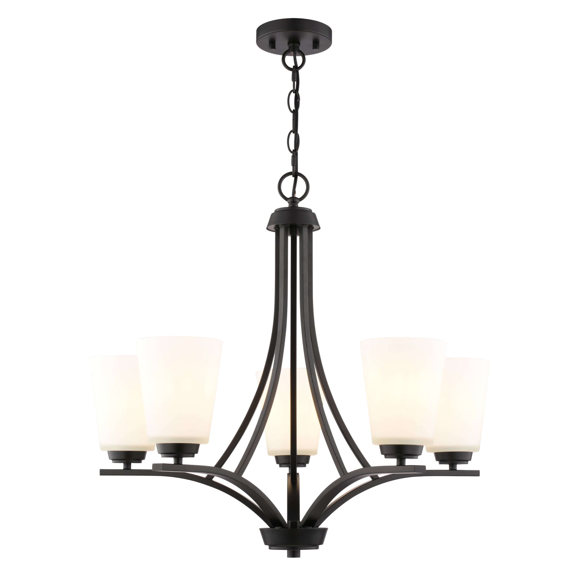 Front view of River Grove 24.75-inch wide 5-light chandelier in matte black finish with frosted glass shades, shown against a white background.
