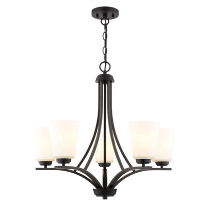 Front view of River Grove 24.75-inch wide 5-light chandelier in matte black finish with frosted glass shades, shown against a white background.