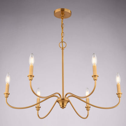 Low-angle front view of Annabelle 30-inch wide 6-light chandelier in satin brass, shown installed against a neutral background