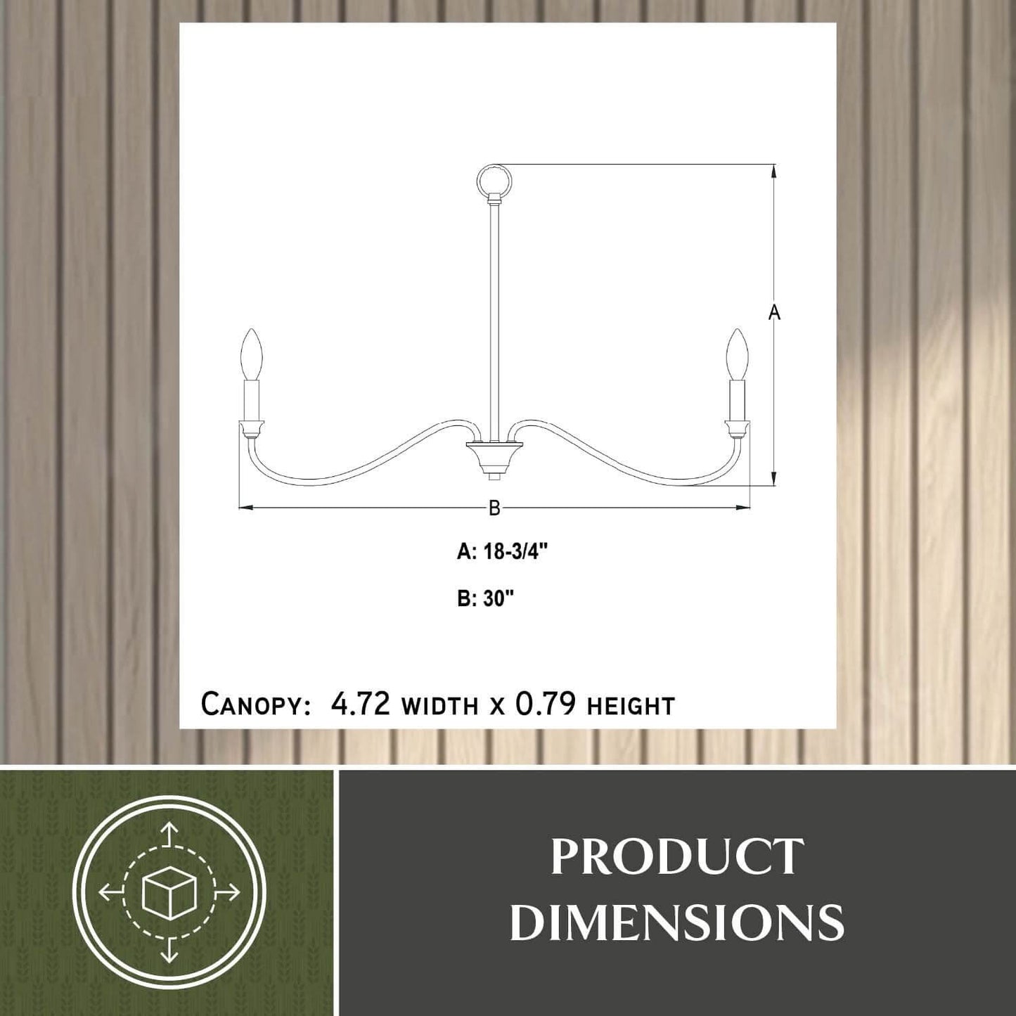 Technical diagram of the Annabelle 30-inch wide 6-light chandelier showing width B: 30 inches, height A: 18.75 inches, and canopy size: 4.72 inches width x 0.79 inches height.