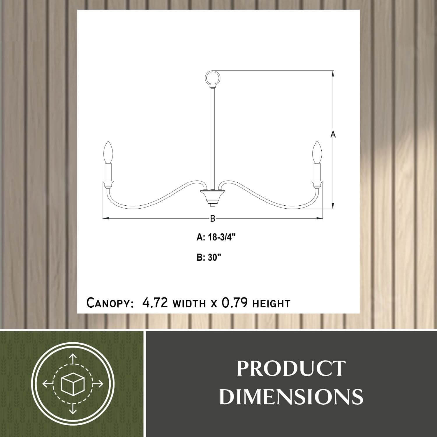 Technical diagram of the Annabelle 30-inch wide 6-light chandelier showing width B: 30 inches, height A: 18.75 inches, and canopy size: 4.72 inches width x 0.79 inches height.