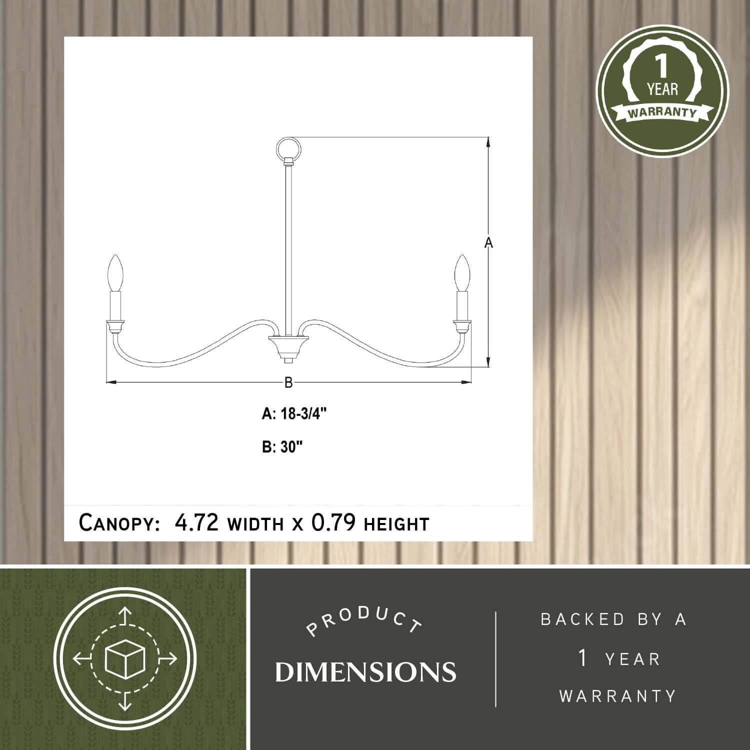 Technical diagram of the Annabelle 30-inch wide 6-light chandelier showing width B: 30 inches, height A: 18.75 inches, and canopy size: 4.72 inches width x 0.79 inches height, backed by a 1-year warranty