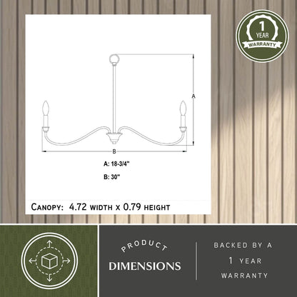 Technical diagram of the Annabelle 30-inch wide 6-light chandelier showing width B: 30 inches, height A: 18.75 inches, and canopy size: 4.72 inches width x 0.79 inches height, backed by a 1-year warranty