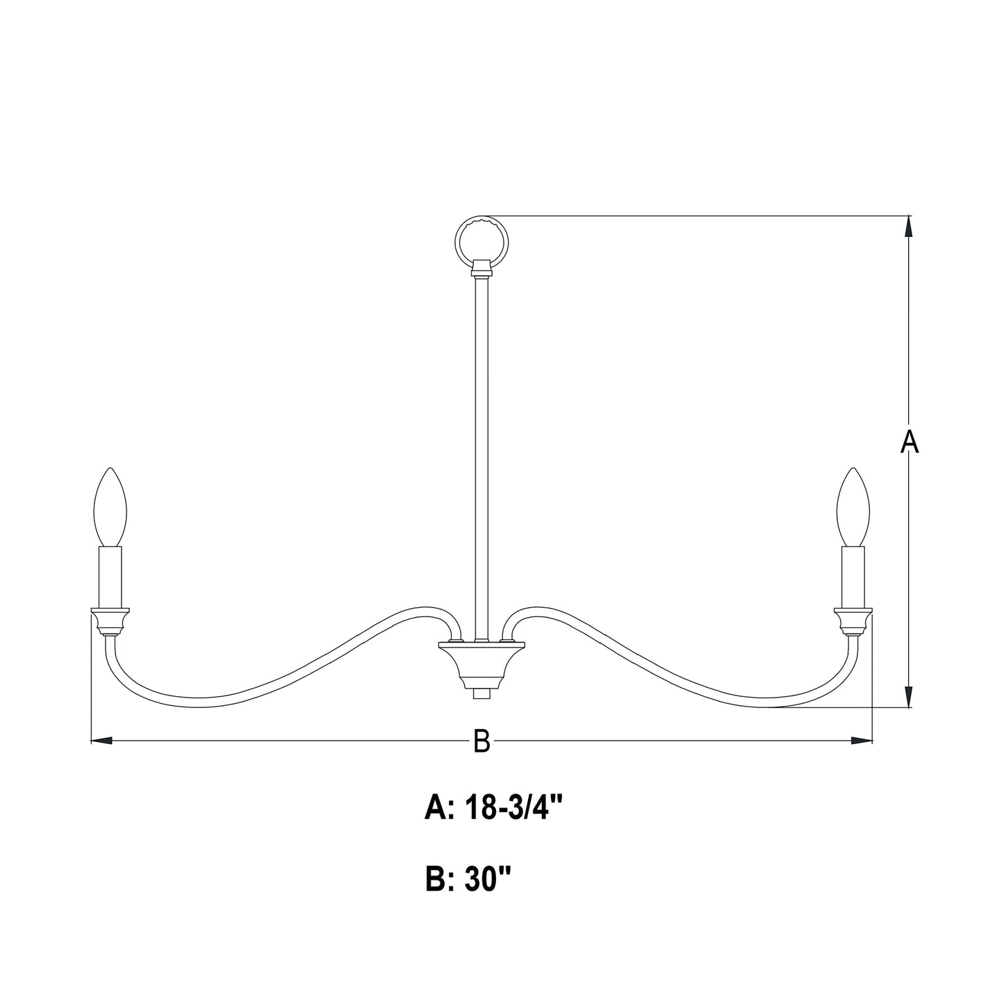 Technical diagram of the Annabelle 30-inch wide 6-light chandelier showing width B: 30 inches and height A: 18.75 inches