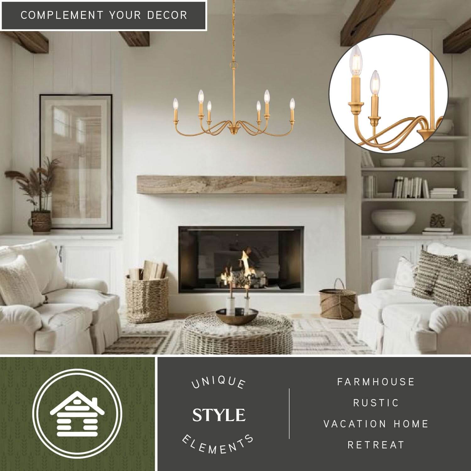 Annabelle 30-inch wide 6-light chandelier installed in a cozy living room, highlighting its farmhouse, rustic, vacation home and retreat style elements.