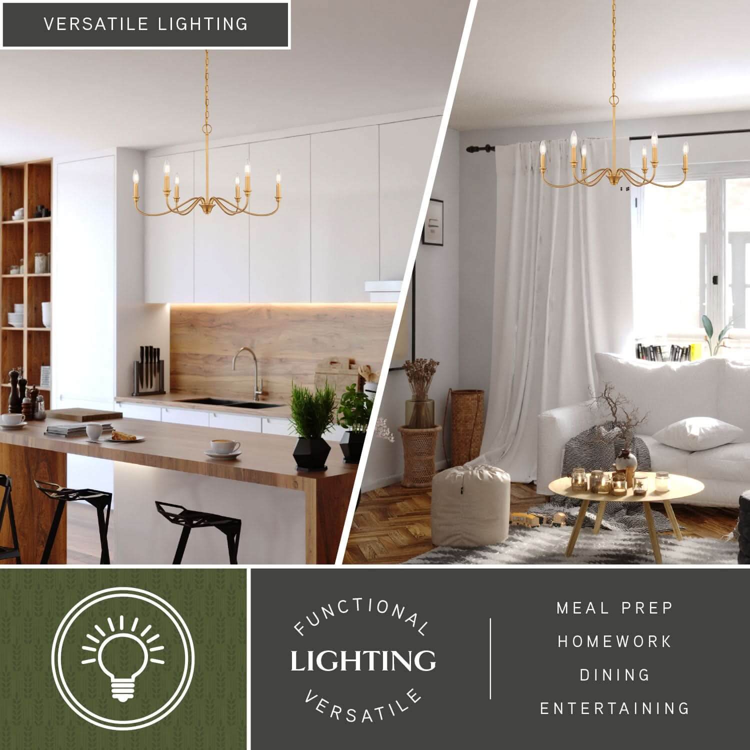 Versatile lighting display of Annabelle 30-inch wide 6-light chandelier installed in kitchen and living room setting for meal prep, homework, dining and entertaining. 