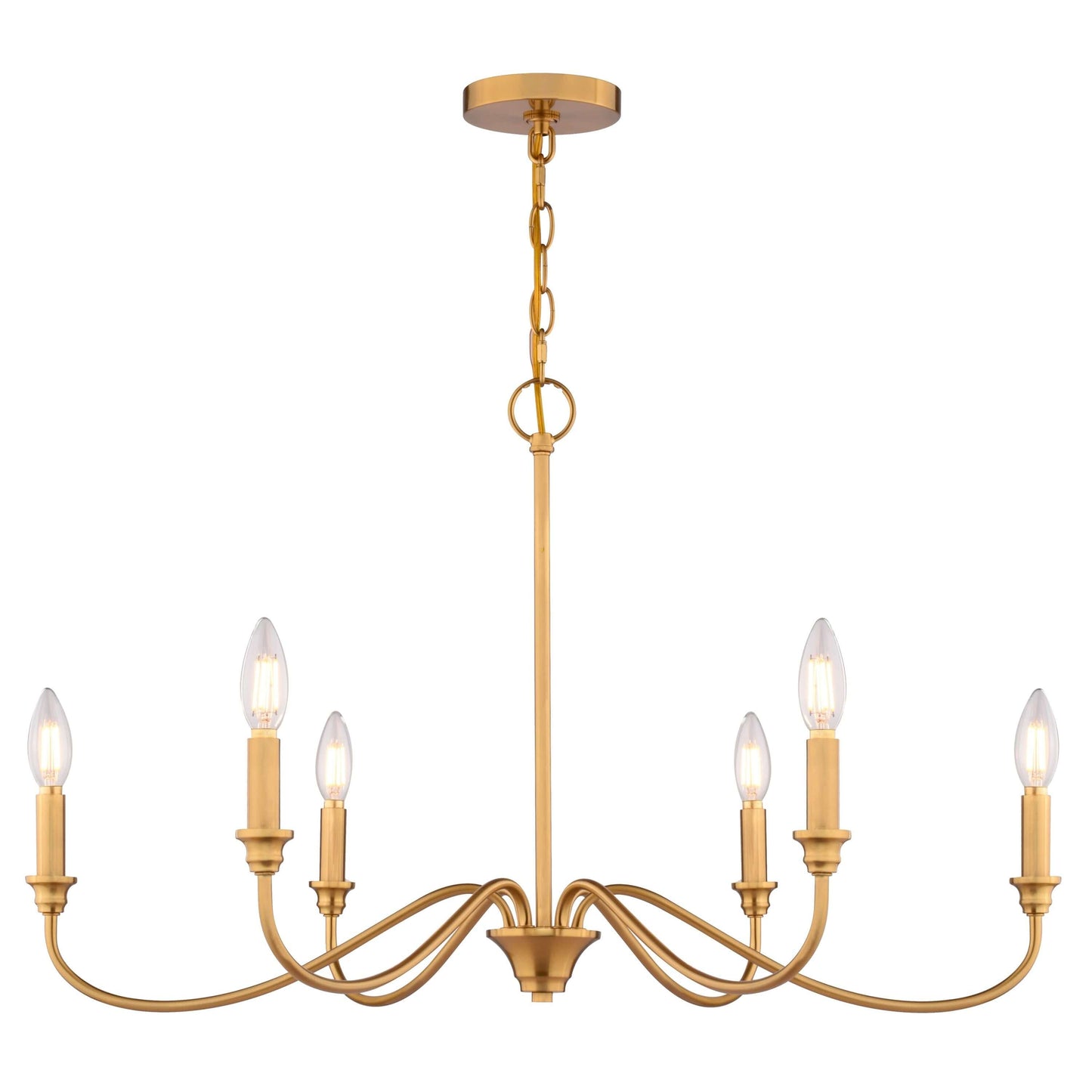 Front view of Annabelle 30-inch wide 6-light chandelier in satin brass, shown installed against a white background