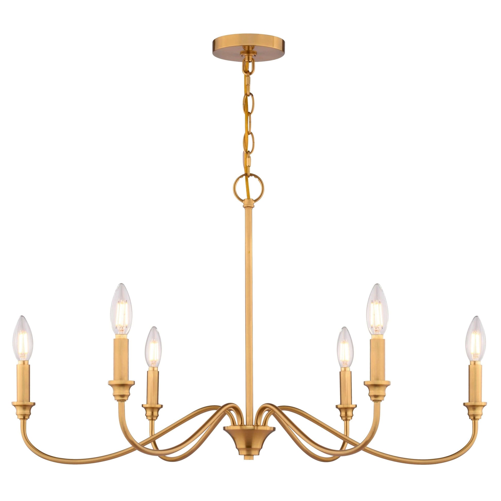 Front view of Annabelle 30-inch wide 6-light chandelier in satin brass, shown installed against a white background