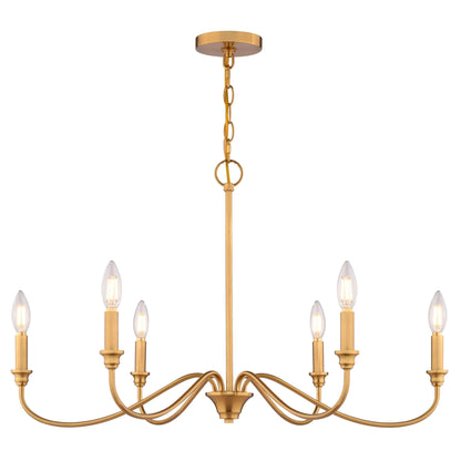 Front view of Annabelle 30-inch wide 6-light chandelier in satin brass, shown installed against a white background