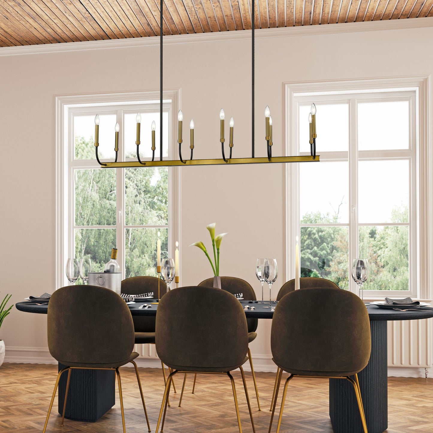 Haylie 12 Light Linear Chandelier Matte Black + Olde Brass