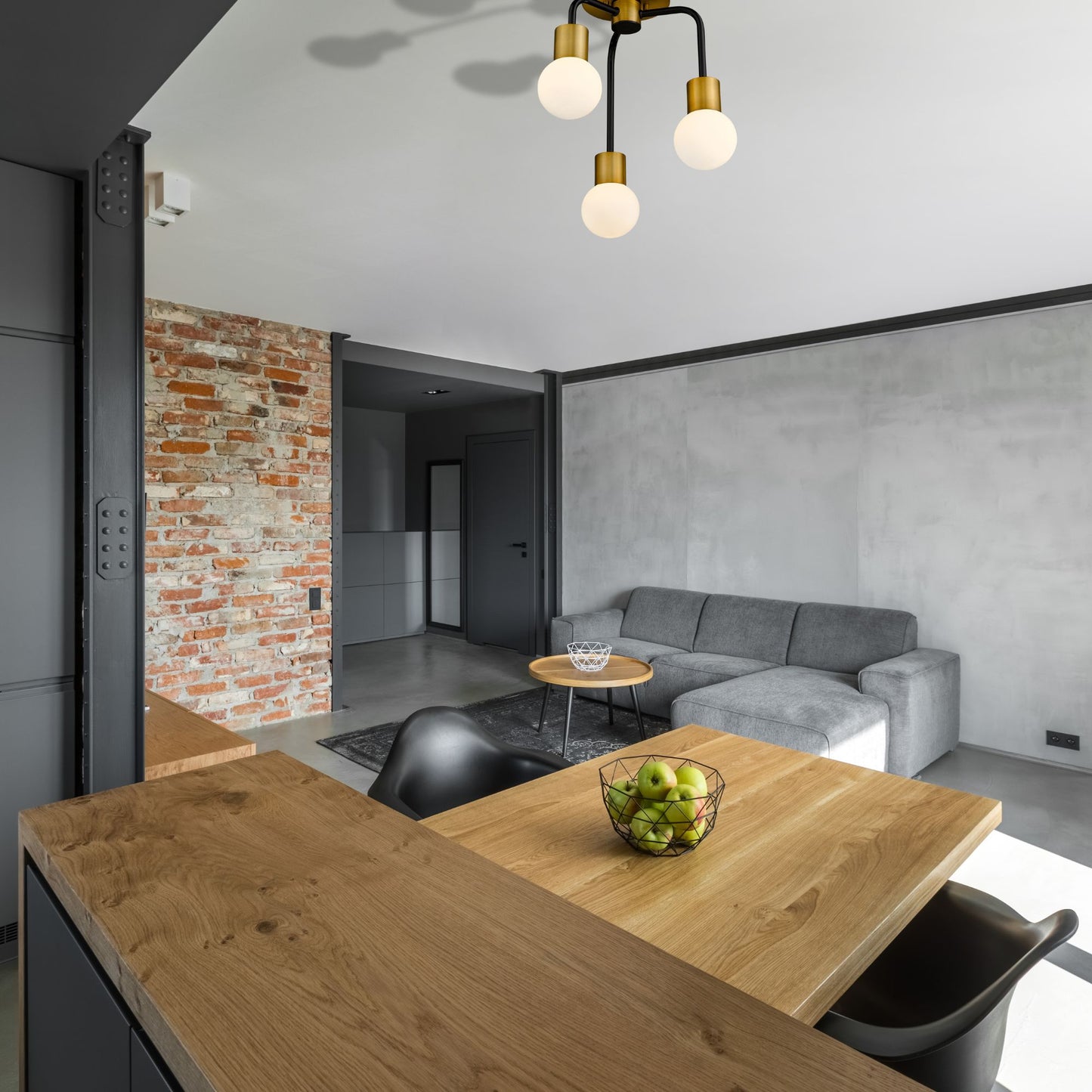 Neutra 3 Light Chandelier Matte Black + Foundry Brass
