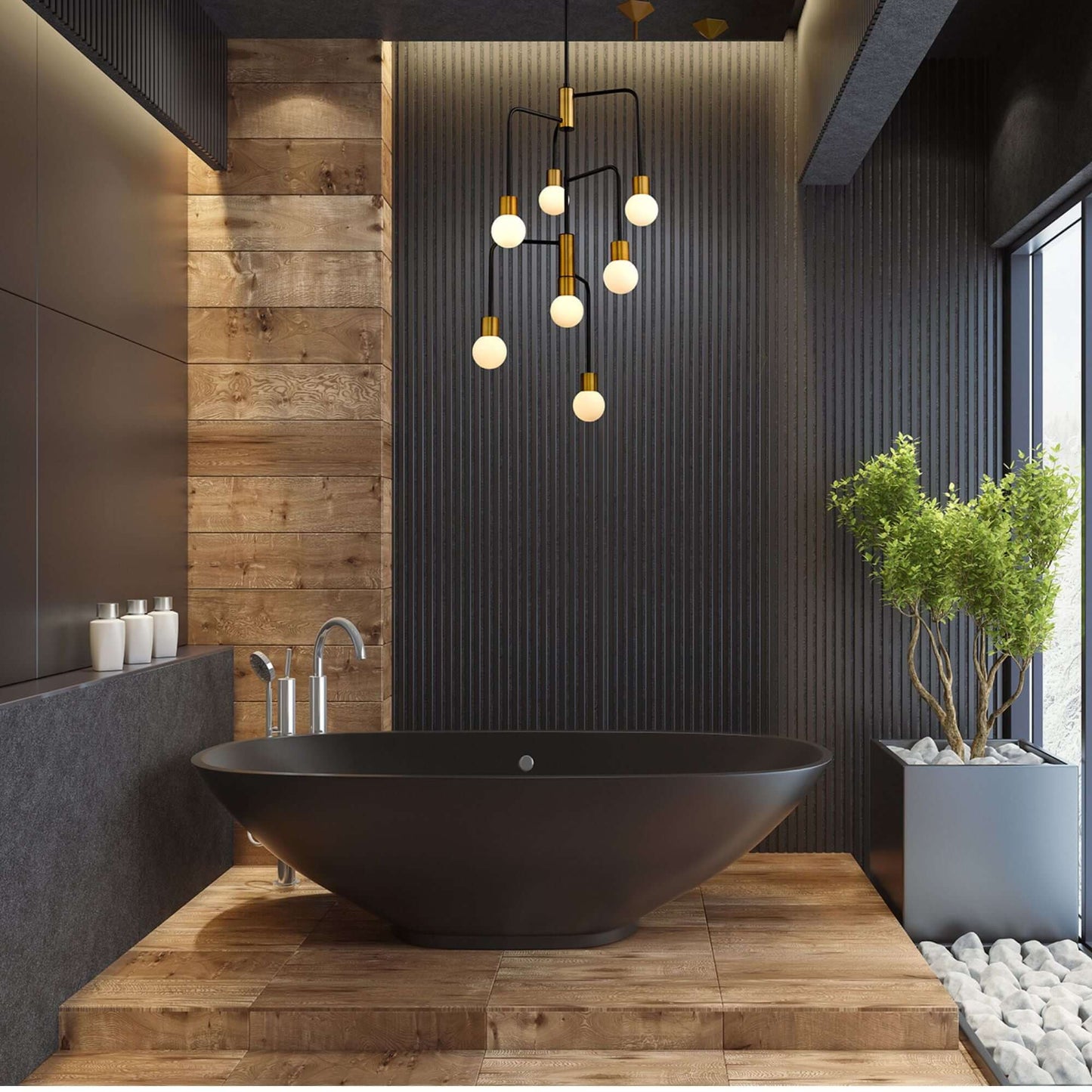 Neutra 7 Light Chandelier Matte Black + Foundry Brass