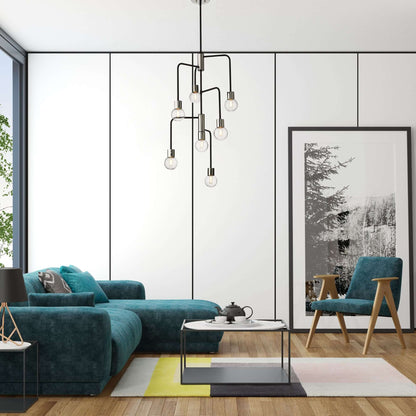 Neutra 7 Light Chandelier Matte Black + Polished Nickel