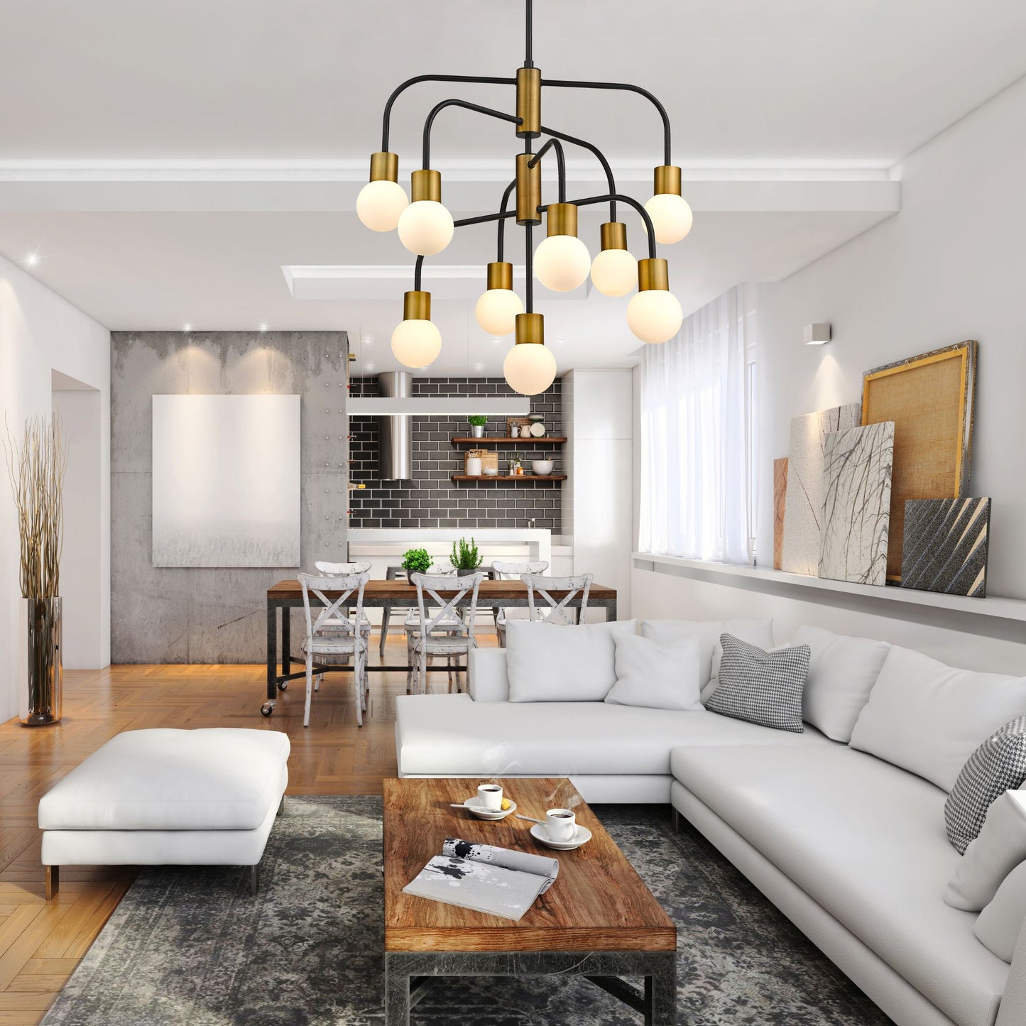 Neutra 9 Light Chandelier Matte Black + Foundry Brass