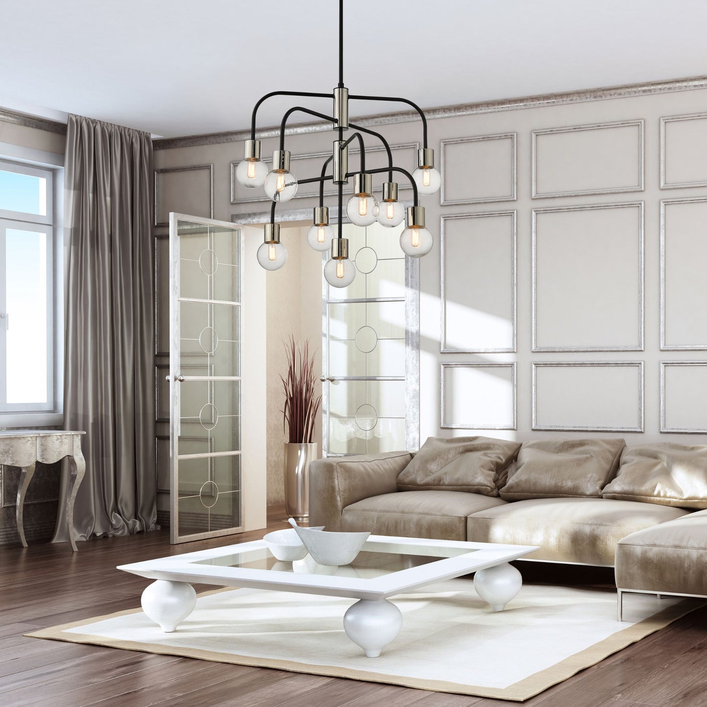 Neutra 9 Light Chandelier Matte Black + Polished Nickel