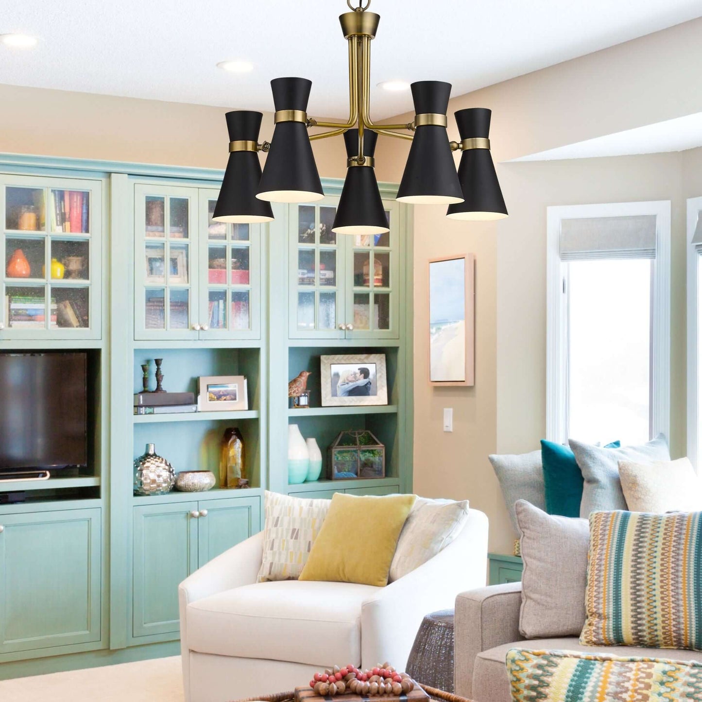 Soriano 5 Light Chandelier Matte Black + Heritage Brass