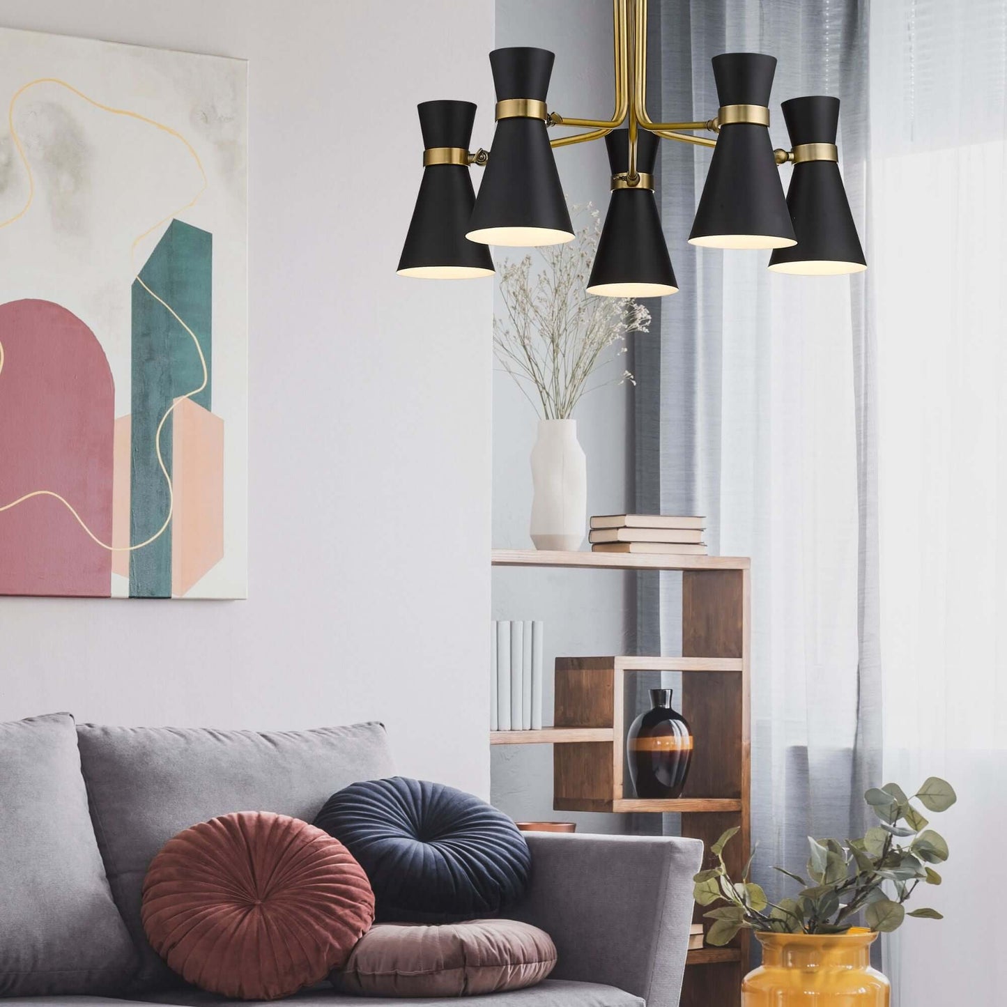 Soriano 5 Light Chandelier Matte Black + Heritage Brass