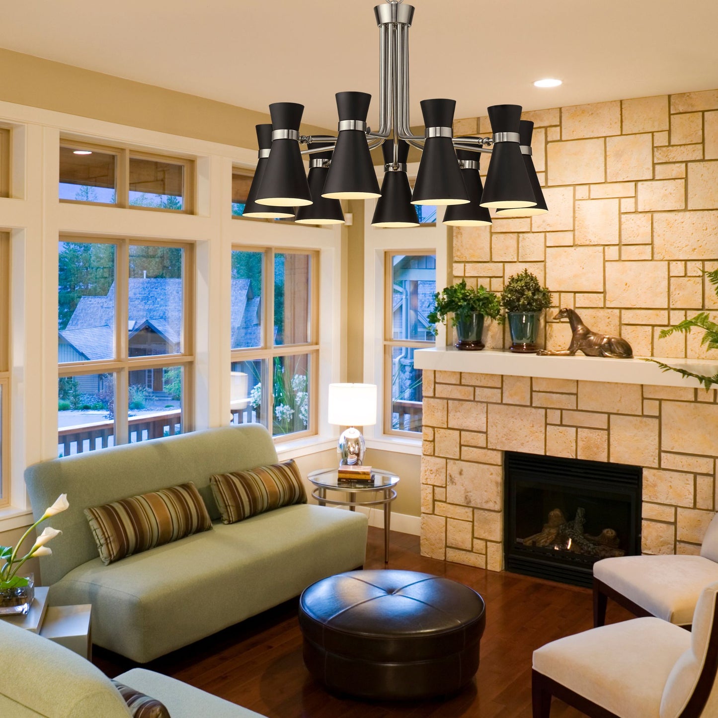 Soriano 9 Light Chandelier Matte Black + Brushed Nickel